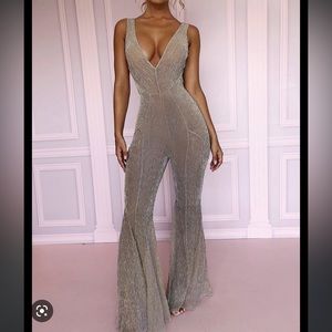 House of CB Fallon Lurex Kickflare Champagne Jumpsuit
